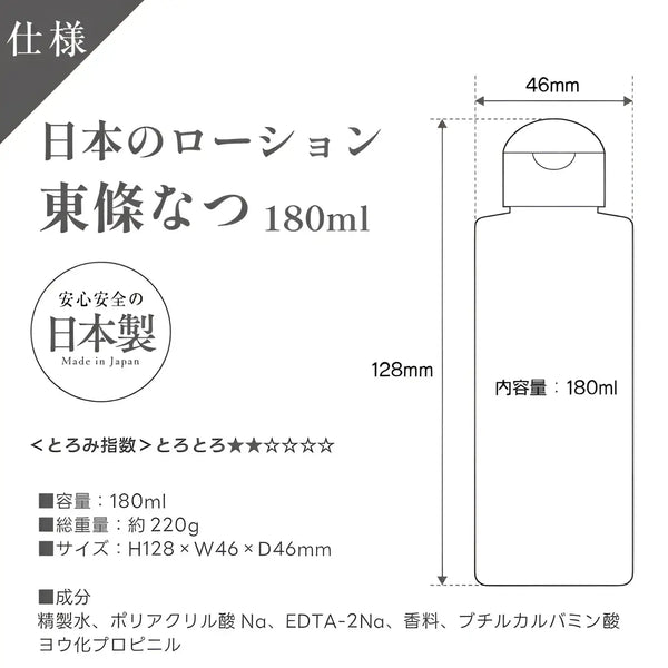 Lotion bottle specs for Tojo Natsu Love Juice water-based lubricant 180ml
