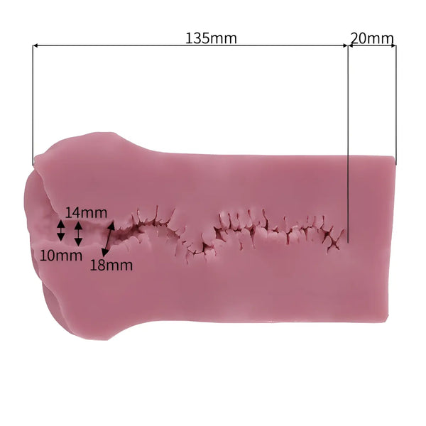 Cracked pink silicone Tomax Virgo Phantasma Cervix mold with dimensions