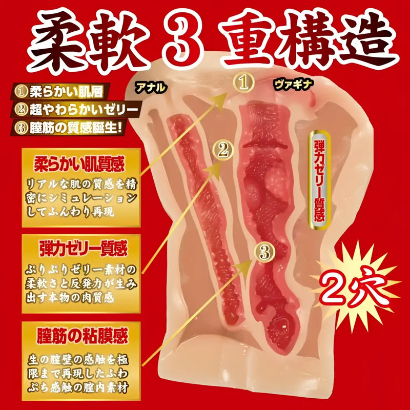 Anatomical sex toy showing features of Kanjuku Meiki JULIA dual-hole mature meiki