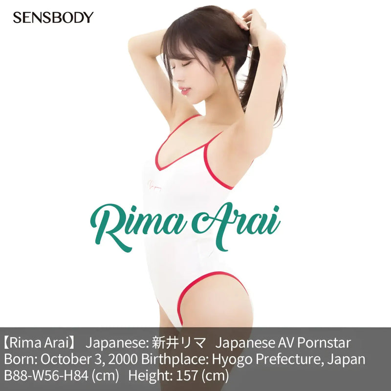 Woman in white swimsuit with red trim for Goddess Asia Rima Arai realistics vibe