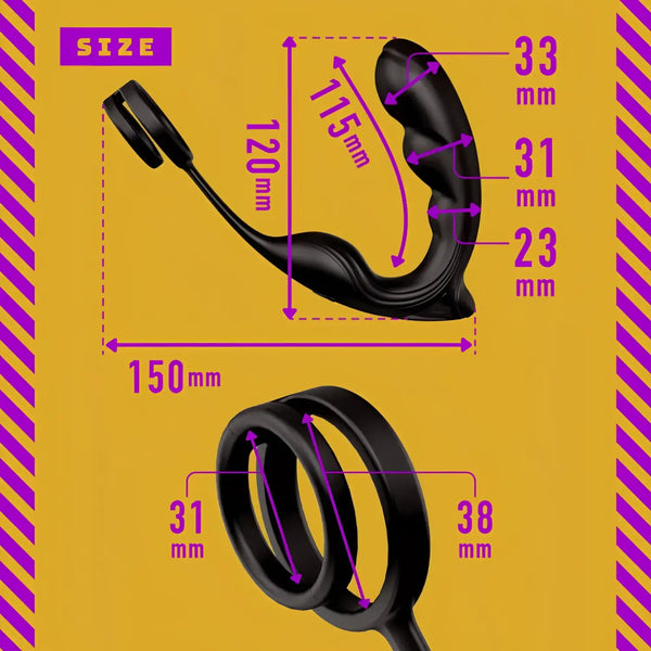 Black silicone clamp anal vibrator with dimensions from Mesuochi Back Vibe Remote Dual-Roller Clamp Anal Vibrator