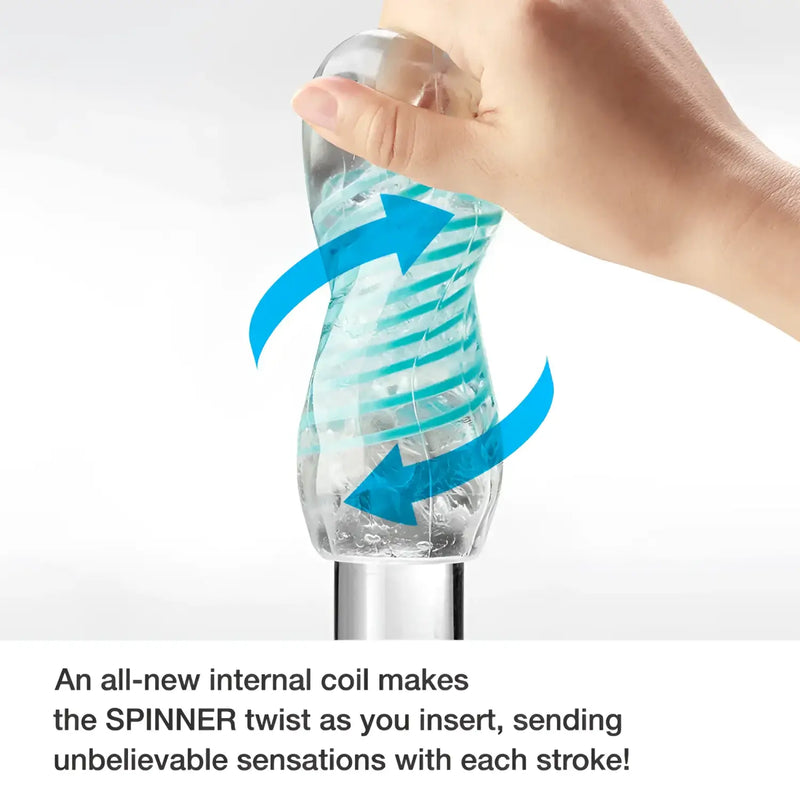 Clear textured sex toy with blue coil from TENGA SPINNER 03 SHELL, perfect with lubricant