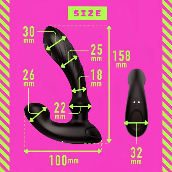 Black Mesuochi Back Vibe 9 Zenritsu Knock Prostate Massager with measurements for perineum stimulation